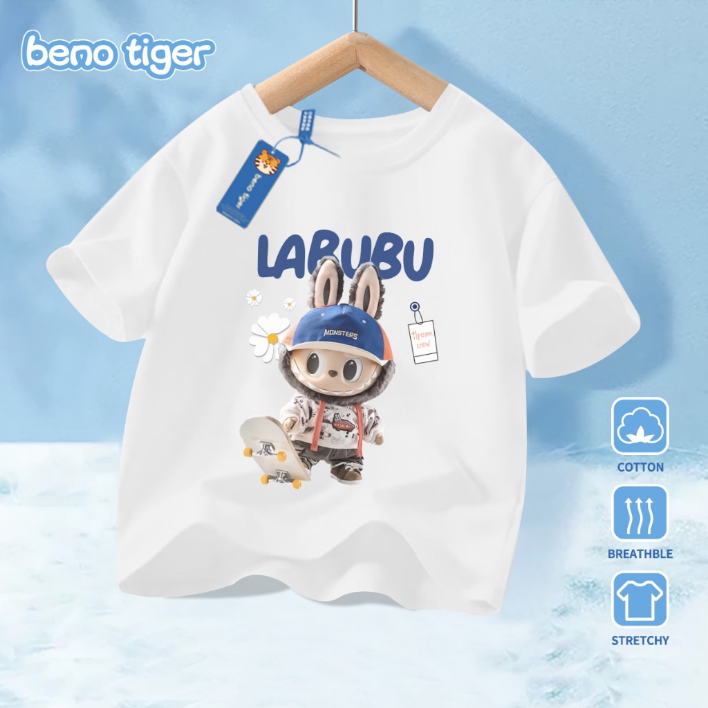 Áo thun bé trai BenoTiger áo phông cộc tay cho bé in hình LABUBU chất thun cotton mềm mịn thấm hút mồ hôi
