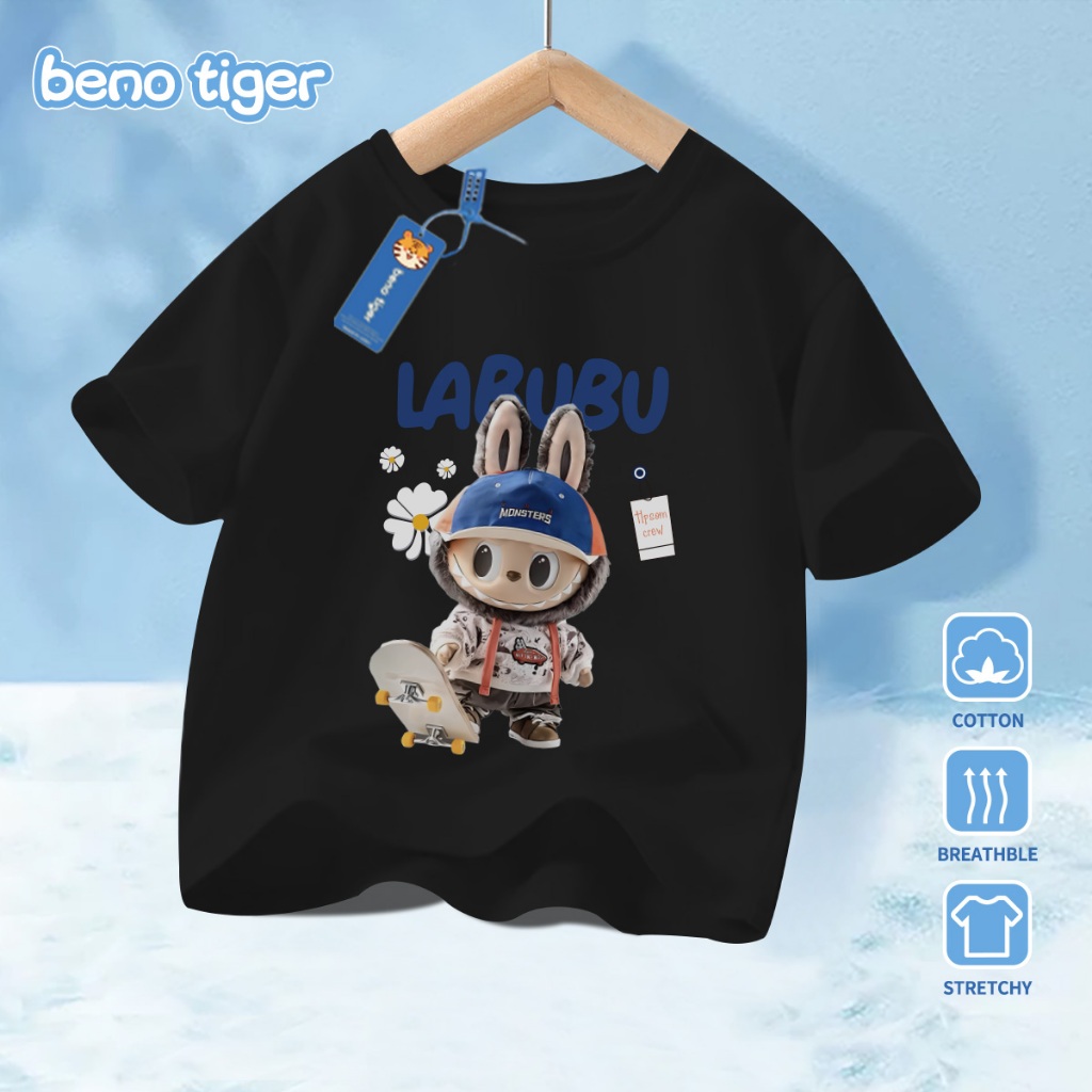 Áo thun bé trai BenoTiger áo phông cộc tay cho bé in hình LABUBU chất thun cotton mềm mịn thấm hút mồ hôi