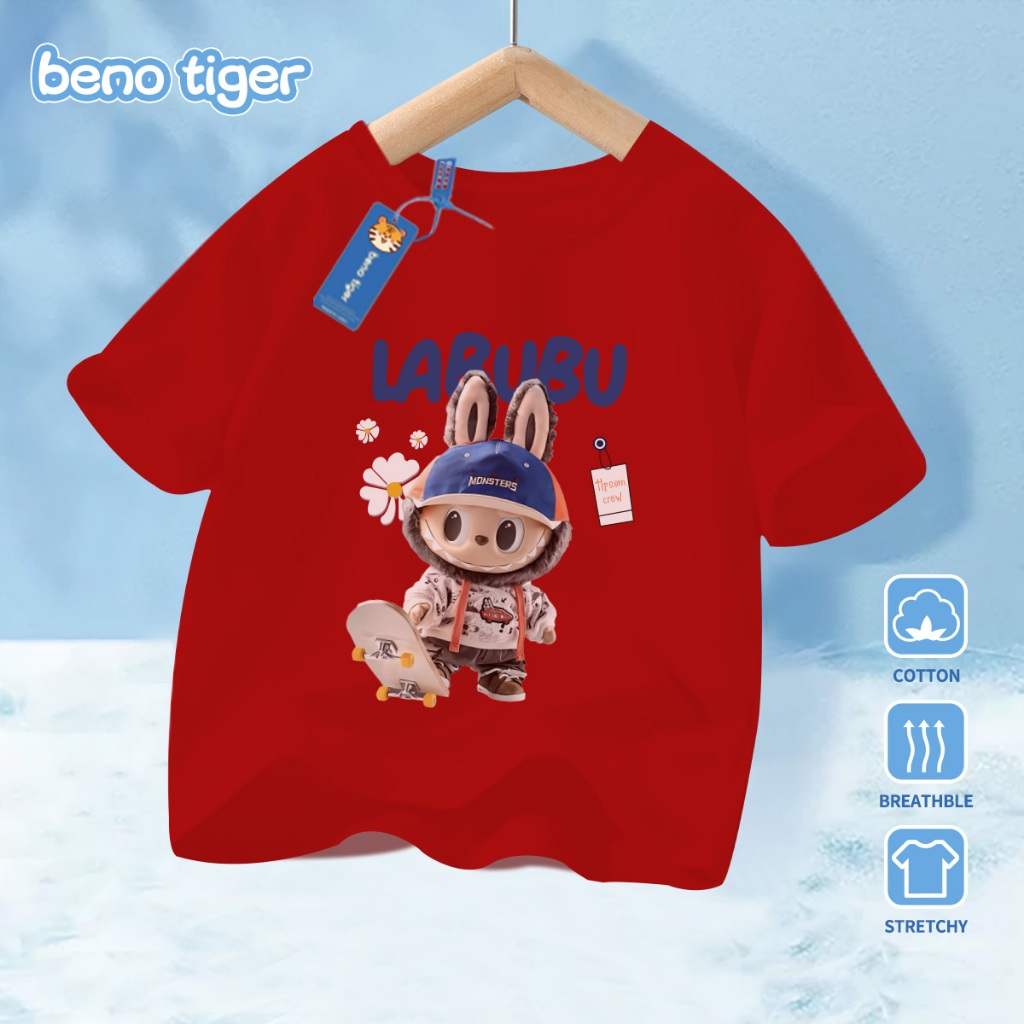 Áo thun bé trai BenoTiger áo phông cộc tay cho bé in hình LABUBU chất thun cotton mềm mịn thấm hút mồ hôi
