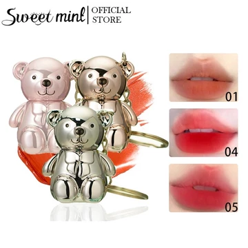 Son môi móc khóa gấu dễ thương Son kem lì Clay Creamy Lip Mud Nude Matte màu nâu Son tint chống nước