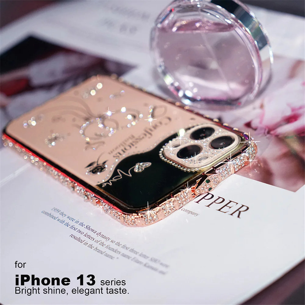 Kim Cương Khung Kim Loại Dành Cho iPhone 16 15 14 Plus 13 12 11 Pro Max Hợp Kim Nhôm Ốp điện thoại Bóng Họa Tiết Acrylic Mặt Sau Phim Bao