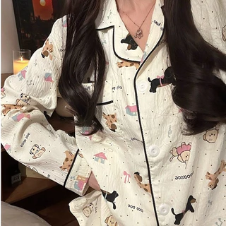 Bộ Đồ Ngủ Cotton Mây Nữ Dài Tay Quần Phù Hợp Với Hoạt Hình Dễ Thương Nữ Homewear