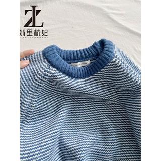 ZHELIHANGFEI Mặc áo len chui đầu sọc tương phản vào cuối mùa thu đầu mùa đông dành cho nữ, áo len dệt kim dài vừa dáng rộng và lười biếng cho mùa