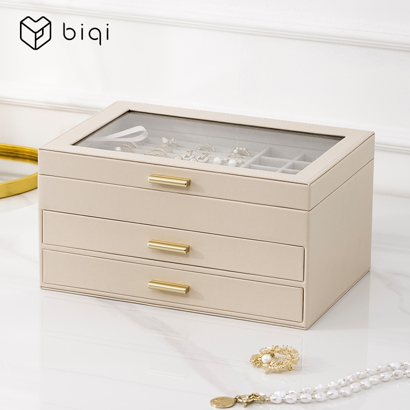 Hộp đựng trang sức CASEGRACE dành cho nữ Nắp kính Hộp đựng đồ trang sức có 3 ngăn kéo cho dây chuyền Nhẫn Bông tai Vòng tay