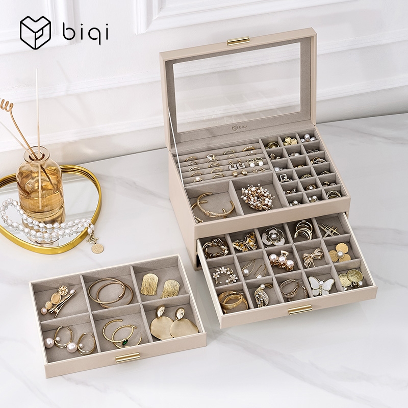 Hộp đựng trang sức CASEGRACE dành cho nữ Nắp kính Hộp đựng đồ trang sức có 3 ngăn kéo cho dây chuyền Nhẫn Bông tai Vòng tay