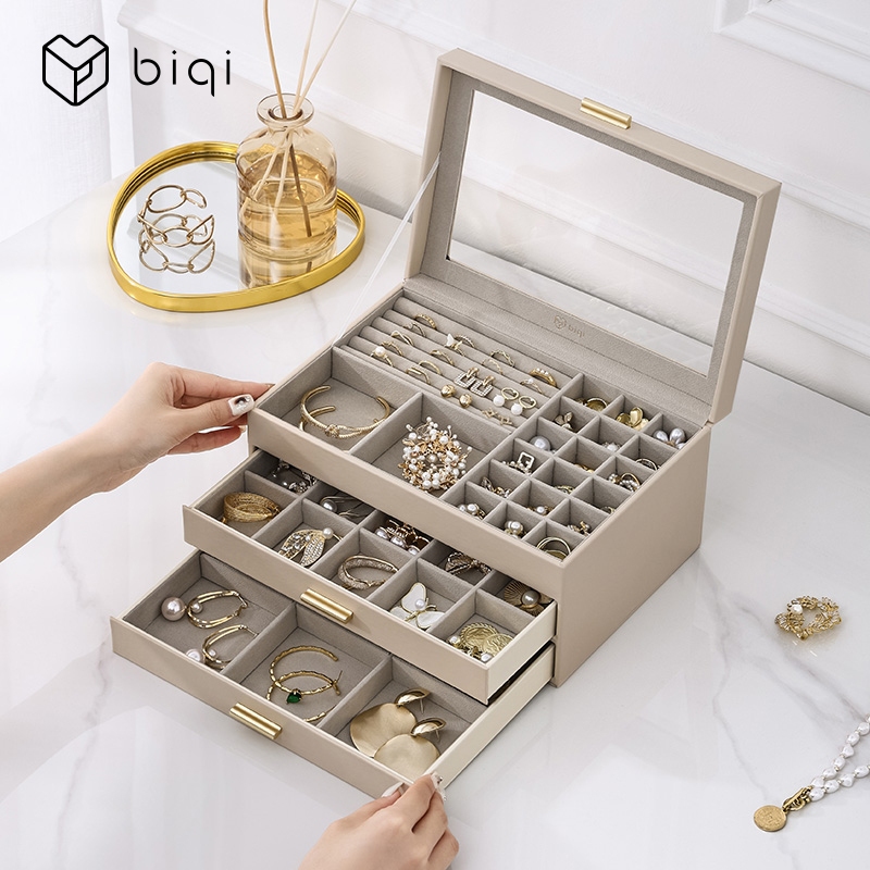 Hộp đựng trang sức CASEGRACE dành cho nữ Nắp kính Hộp đựng đồ trang sức có 3 ngăn kéo cho dây chuyền Nhẫn Bông tai Vòng tay