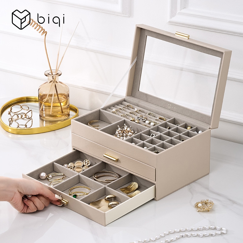 Hộp đựng trang sức CASEGRACE dành cho nữ Nắp kính Hộp đựng đồ trang sức có 3 ngăn kéo cho dây chuyền Nhẫn Bông tai Vòng tay