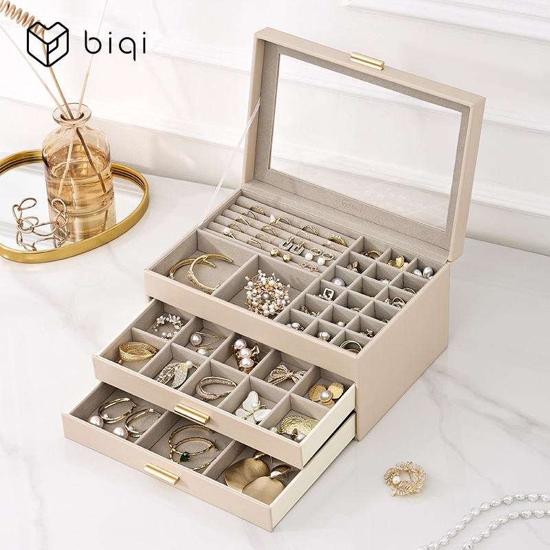 Hộp đựng trang sức CASEGRACE dành cho nữ Nắp kính Hộp đựng đồ trang sức có 3 ngăn kéo cho dây chuyền Nhẫn Bông tai Vòng tay