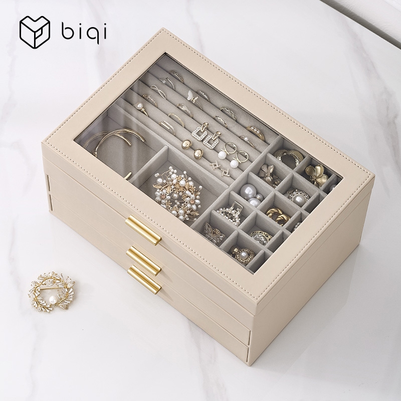 Hộp đựng trang sức CASEGRACE dành cho nữ Nắp kính Hộp đựng đồ trang sức có 3 ngăn kéo cho dây chuyền Nhẫn Bông tai Vòng tay