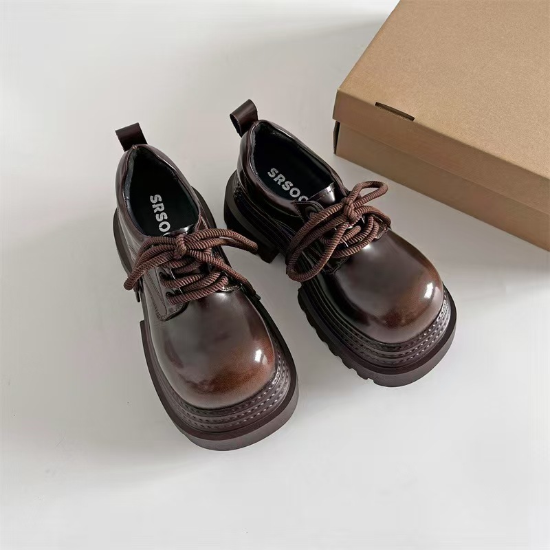 Giày Oxford Đế Dày Nữ 2025 Gót Dày 7CM Nâu / Đen Buộc Dây Giày Da Học Sinh