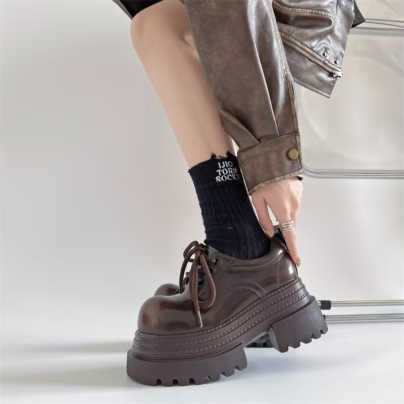 Giày Oxford Đế Dày Nữ 2025 Gót Dày 7CM Nâu / Đen Buộc Dây Giày Da Học Sinh