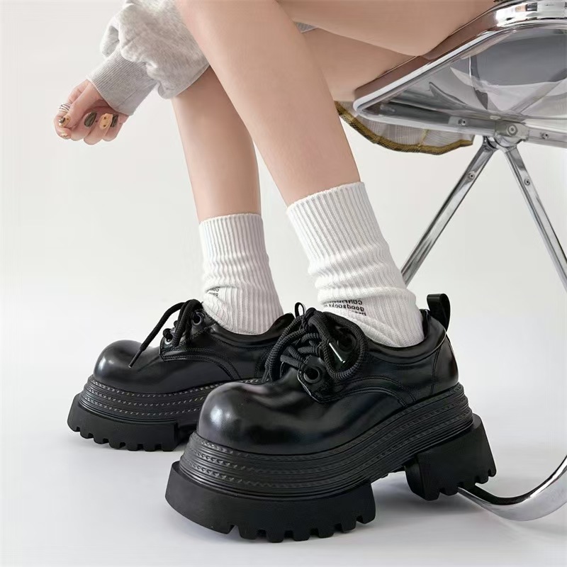 Giày Oxford Đế Dày Nữ 2025 Gót Dày 7CM Nâu / Đen Buộc Dây Giày Da Học Sinh