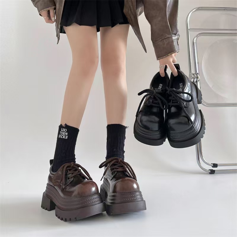 Giày Oxford Đế Dày Nữ 2025 Gót Dày 7CM Nâu / Đen Buộc Dây Giày Da Học Sinh
