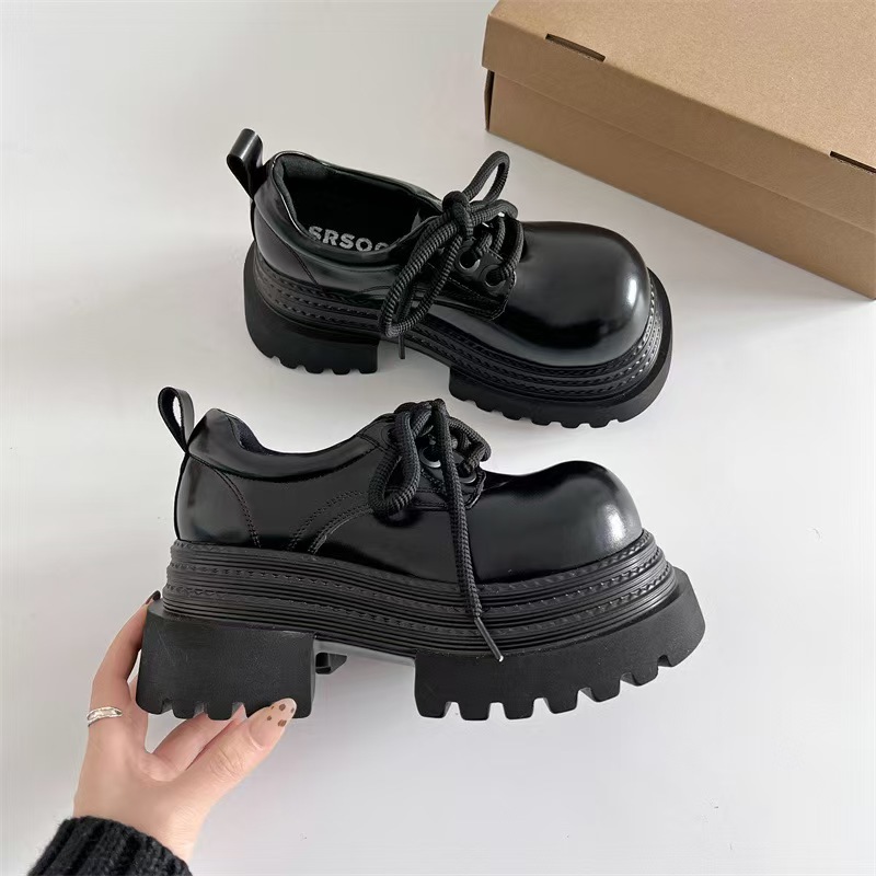 Giày Oxford Đế Dày Nữ 2025 Gót Dày 7CM Nâu / Đen Buộc Dây Giày Da Học Sinh