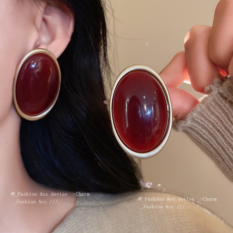 [Jewbeauty] Bông tai hình bầu dục kim bạc phong cách cổ điển, đỏ Encore, thu đông nữ