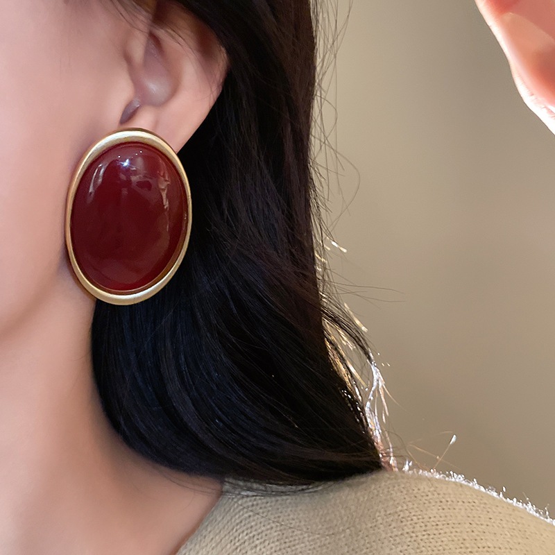[Jewbeauty] Bông tai hình bầu dục kim bạc phong cách cổ điển, đỏ Encore, thu đông nữ