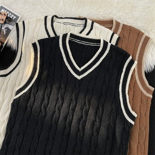 Áo vest dệt kim nam ESEA thời trang phổ biến của Mỹ retro dáng rộng giản dị cổ chữ V áo vest dệt kim không tay tình yêu