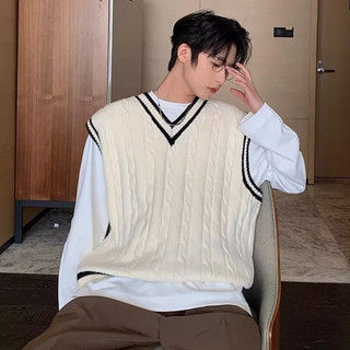Áo vest dệt kim nam ESEA thời trang phổ biến của Mỹ retro dáng rộng giản dị cổ chữ V áo vest dệt kim không tay tình yêu