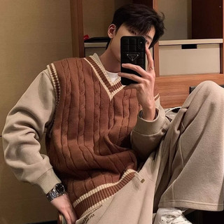 Áo vest dệt kim nam ESEA thời trang phổ biến của Mỹ retro dáng rộng giản dị cổ chữ V áo vest dệt kim không tay tình yêu