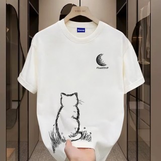 ✨Hàng có sẵn✨WASSUP Little Cat Watching the Moon -Áo thun nam mới! 100% cotton, thời trang, Unisex