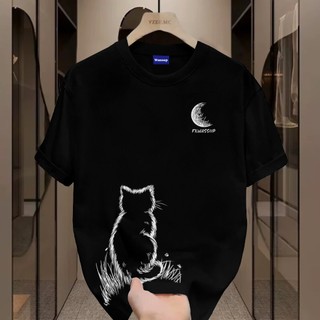 ✨Hàng có sẵn✨WASSUP Little Cat Watching the Moon -Áo thun nam mới! 100% cotton, thời trang, Unisex