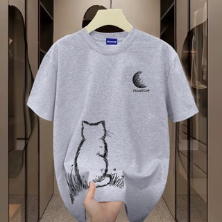 ✨Hàng có sẵn✨WASSUP Little Cat Watching the Moon -Áo thun nam mới! 100% cotton, thời trang, Unisex