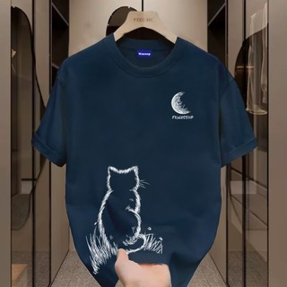✨Hàng có sẵn✨WASSUP Little Cat Watching the Moon -Áo thun nam mới! 100% cotton, thời trang, Unisex