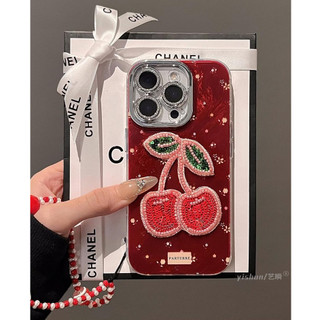 Phim Bảo Vệ Ống Kính Lấp Lánh 3D Đính Hạt Anh Đào Đỏ Hoa Wrsit Dây Xích Điện Thoại Dành Cho iPhone 17Promax 12 13 Promax 11 14 15 16 Pro Max Nữ Vỏ Di Động