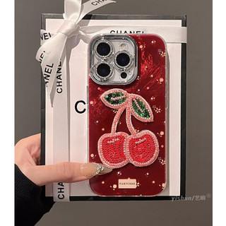 Phim Bảo Vệ Ống Kính Lấp Lánh 3D Đính Hạt Anh Đào Đỏ Hoa Wrsit Dây Xích Điện Thoại Dành Cho iPhone 17Promax 12 13 Promax 11 14 15 16 Pro Max Nữ Vỏ Di Động