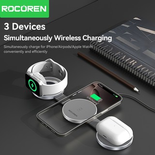 Giá đỡ sạc hợp kim nhôm không dây từ tính 3 trong 1 15W Rocoren Mag Urtal cho iP16,15, 14, 13, 12 Pro / Max / Plus Air Pods Watch