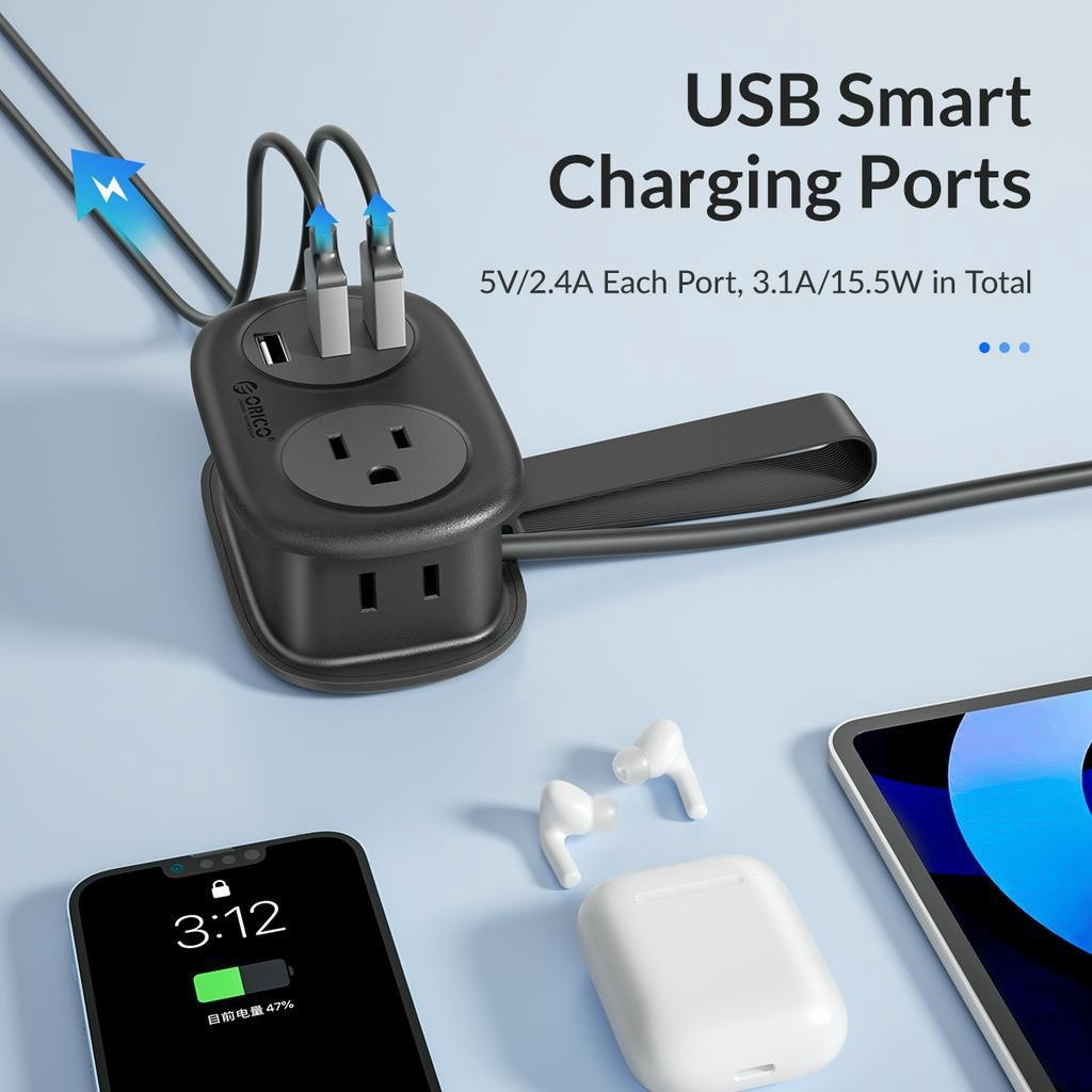 Dải nguồn du lịch ORICO có cổng USB và Type C Dây nối dài bỏ túi có thể thu vào (AP3-2A)
