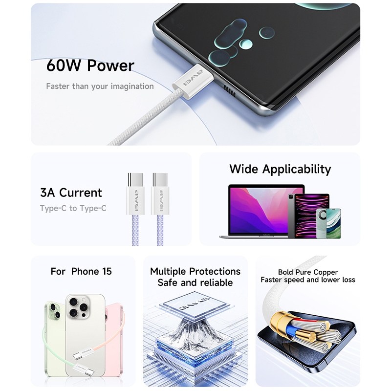Ảnh Cáp sạc type c Awei sạc nhanh 60W C to C Dây bện nylon 1M An Toàn Ổn Định cho điện thoại 1