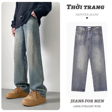 Quần dài jean nam cao cấp quần jean ống rộng nam rách gối mềm chất jean bò cấp cao jean nam ống đứng cổ điển cũ Mỹ quần boy phố nam Streetwear Pant Menswear Rách Phong Cách Xu Hướng