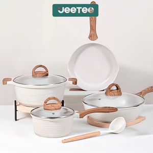 【Giá thấp lịch sử toàn shop】JEETEE Bộ 4 nồi chảo chống dính màu be phủ đá vân cao cấp - Combo chảo xào sâu lòng 28cm + chảo chiên 24cm + nồi canh 24cm + nồi sữa 18cm, kèm nắp kính, dùng mọi loại bếp, bảo hành 1 năm