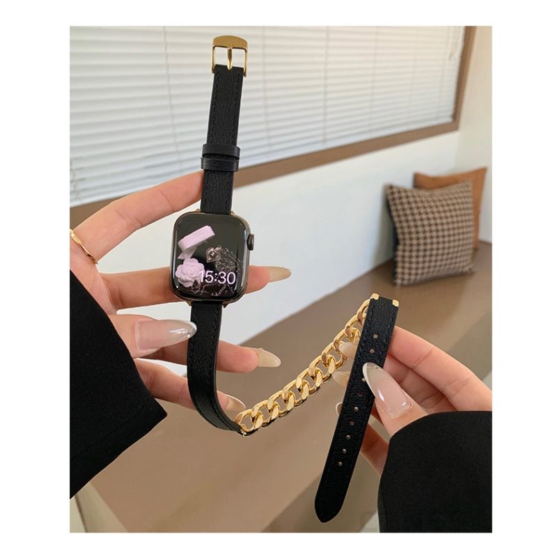 Phụ kiện kim loại da thật màu vàng đen dành cho nữ dành cho Apple Watch S11 SE3 Ultra3 S10 S9 S8 SE S7 S6 Ultra 49mm 46mm 42mm 40mm 44mm 41mm 45mm Iwatch Band