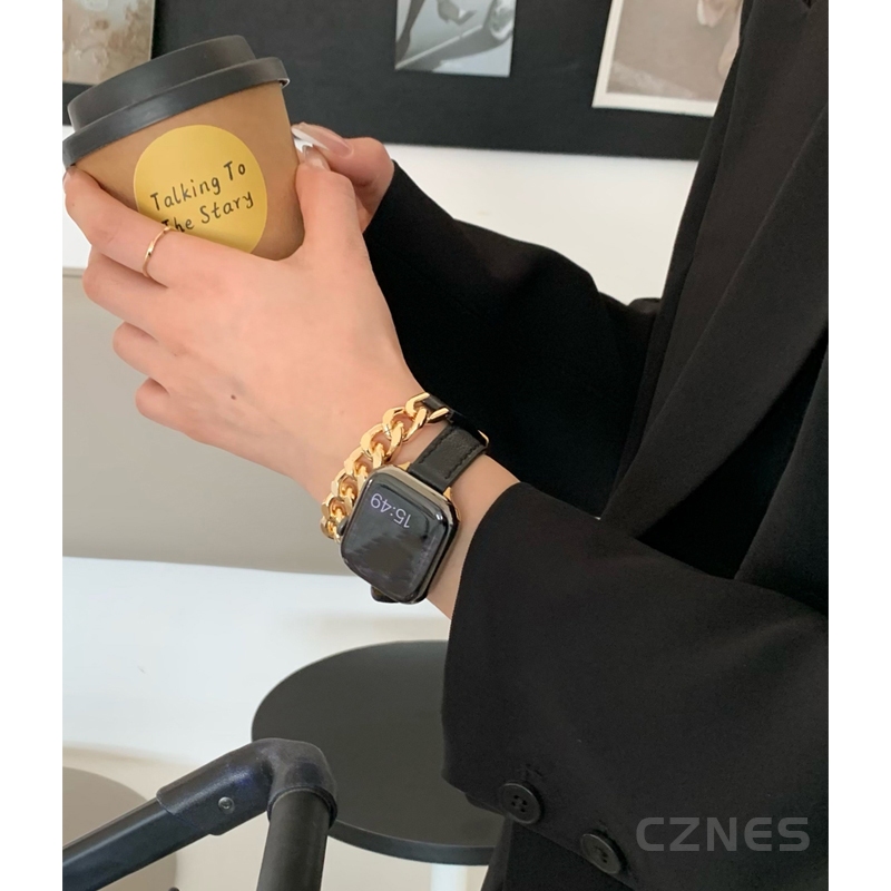Phụ kiện kim loại da thật màu vàng đen dành cho nữ dành cho Apple Watch S11 SE3 Ultra3 S10 S9 S8 SE S7 S6 Ultra 49mm 46mm 42mm 40mm 44mm 41mm 45mm Iwatch Band