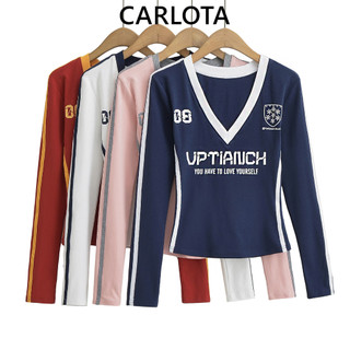 Áo thun nữ cổ V dài tay phong cách Retro in chữ Golf - Áo kiểu nữ form ôm sát mặc đi chơi công sở