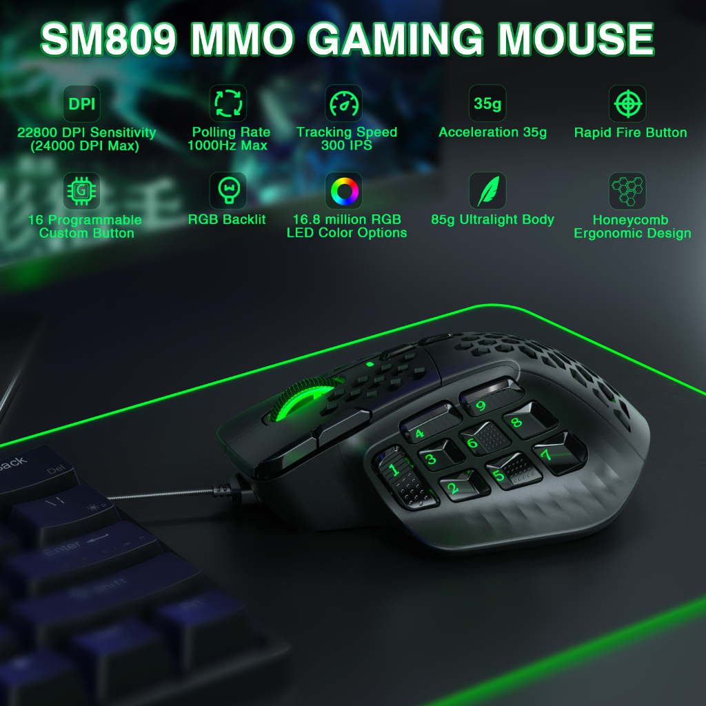 Solaka SM809 MMO Chuột Chơi Game USB Có Dây Thiết Kế Nhẹ 85g Phím Bên Tùy Chỉnh DIY Thay Thế Vỏ Bên | BigBuy360 - bigbuy360.vn