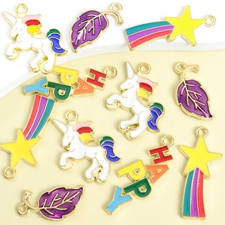 10 Chiếc Quyến Rũ Men Đầy Màu Sắc Sống Động - HAPPY / Kỳ Lân / Star-Rainbow / Hình Lá Tím, Vòng Cổ Vui Nhộn Vòng Tay Bông Tai Dây Xích Điện Thoại Túi Phụ Kiện DIY Dopamine Nhỏ Giọt Dầu Hợp Kim Mặt Dây Chuyền