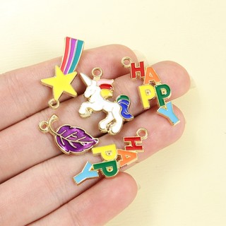 10 Chiếc Quyến Rũ Men Đầy Màu Sắc Sống Động - HAPPY / Kỳ Lân / Star-Rainbow / Hình Lá Tím, Vòng Cổ Vui Nhộn Vòng Tay Bông Tai Dây Xích Điện Thoại Túi Phụ Kiện DIY Dopamine Nhỏ Giọt Dầu Hợp Kim Mặt Dây Chuyền