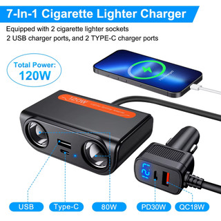 Extractme 3 trong 1 USB kép PD Ổ cắm 120W Bộ chia đèn thuốc lá ô tô 12V 24V Bộ sạc nhanh Cắm điện thoại Bộ chuyển đổi nguồn cho ô tô