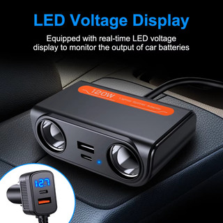 Extractme 3 trong 1 USB kép PD Ổ cắm 120W Bộ chia đèn thuốc lá ô tô 12V 24V Bộ sạc nhanh Cắm điện thoại Bộ chuyển đổi nguồn cho ô tô