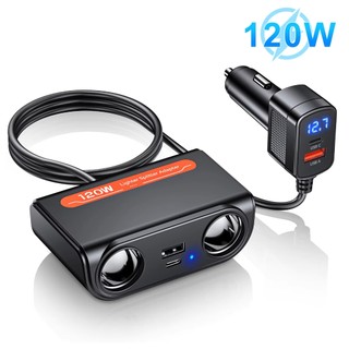 Extractme 3 trong 1 USB kép PD Ổ cắm 120W Bộ chia đèn thuốc lá ô tô 12V 24V Bộ sạc nhanh Cắm điện thoại Bộ chuyển đổi nguồn cho ô tô