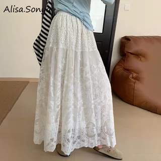 Alisa.sonya 2 Lớp Maxi Chân Váy Trơn Ulzzang Thời Trang Công Chúa Hoa Nhí Thường Ngày Suông 24AS1119
