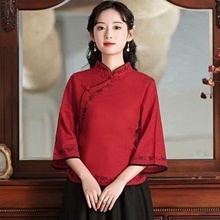 Phong Cách Trung Hoa Cotton Nữ Nữ Rời Vintage Thêu Hoa Sườn Xám Dài Tay Áo Sơ Mi Áo Có Sẵn Mới Plus Kích Thước