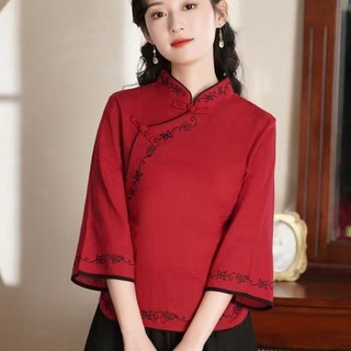 Phong Cách Trung Hoa Cotton Nữ Nữ Rời Vintage Thêu Hoa Sườn Xám Dài Tay Áo Sơ Mi Áo Có Sẵn Mới Plus Kích Thước