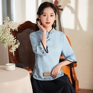 Phong Cách Trung Hoa Cotton Nữ Nữ Rời Vintage Thêu Hoa Sườn Xám Dài Tay Áo Sơ Mi Áo Có Sẵn Mới Plus Kích Thước
