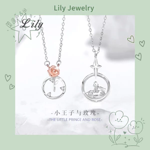 S925 Bạc Hoàng Tử Nhỏ Và Hoa Hồng Cặp Đôi Vòng Cổ Màu Sắc Tách Hoa Nam Nữ Mặt Dây Chuyền Quà Tặng Ngày Lễ Tình Nhân