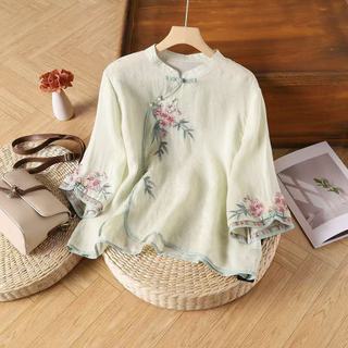 Phong Cách Trung Hoa Sườn Xám Khóa Người Phụ Nữ Vải Lanh Cotton Thêu Hoa 3 / 4 Tay Áo Sơ Mi Mới Plus Kích Thước Hàng Đầu