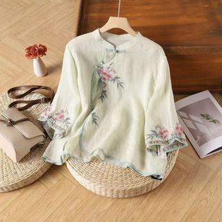 Phong Cách Trung Hoa Sườn Xám Khóa Người Phụ Nữ Vải Lanh Cotton Thêu Hoa 3 / 4 Tay Áo Sơ Mi Mới Plus Kích Thước Hàng Đầu